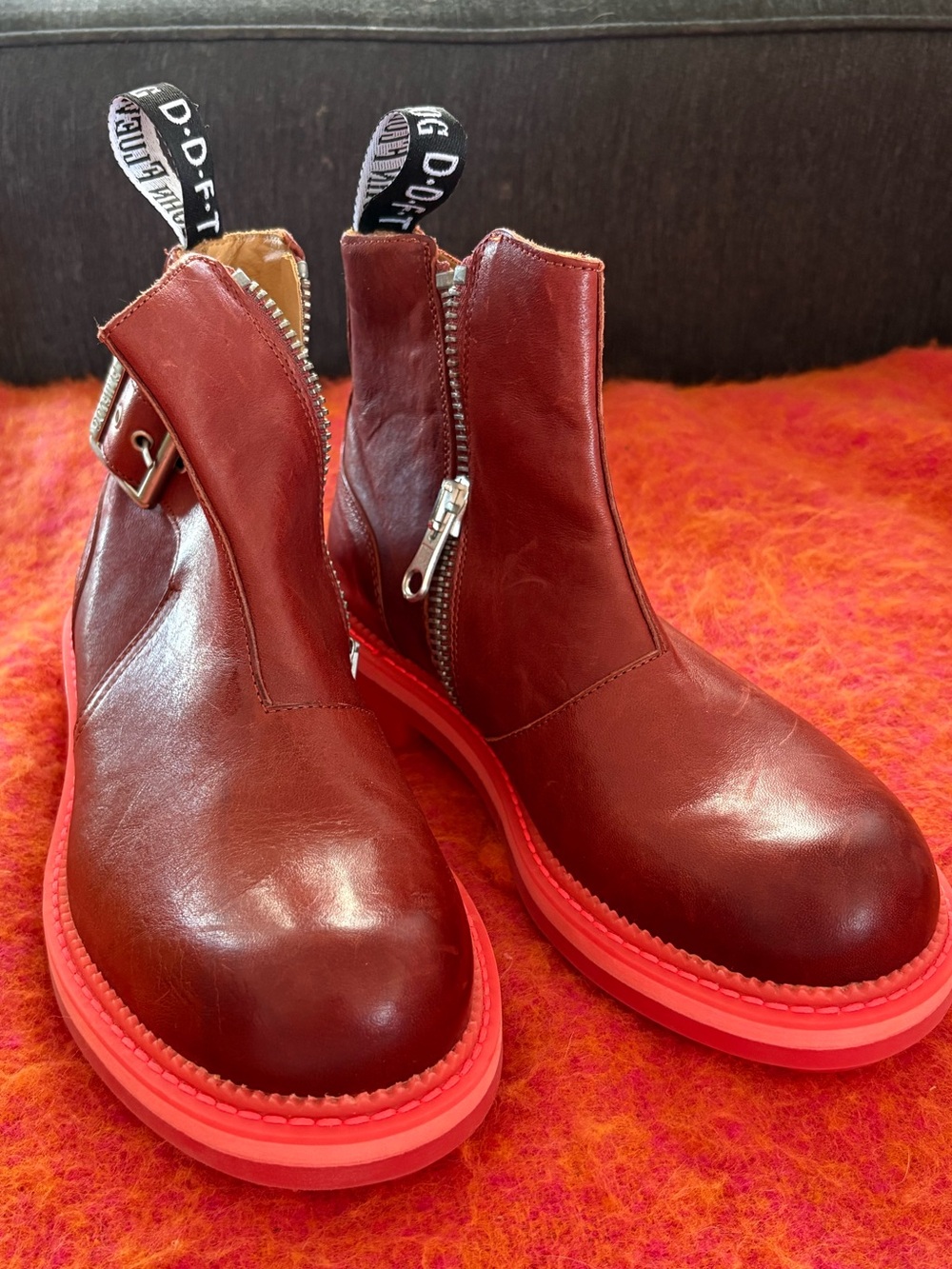 Women’s Fluevog Leather Ankle Boots in Burgundy/red with Red Sole